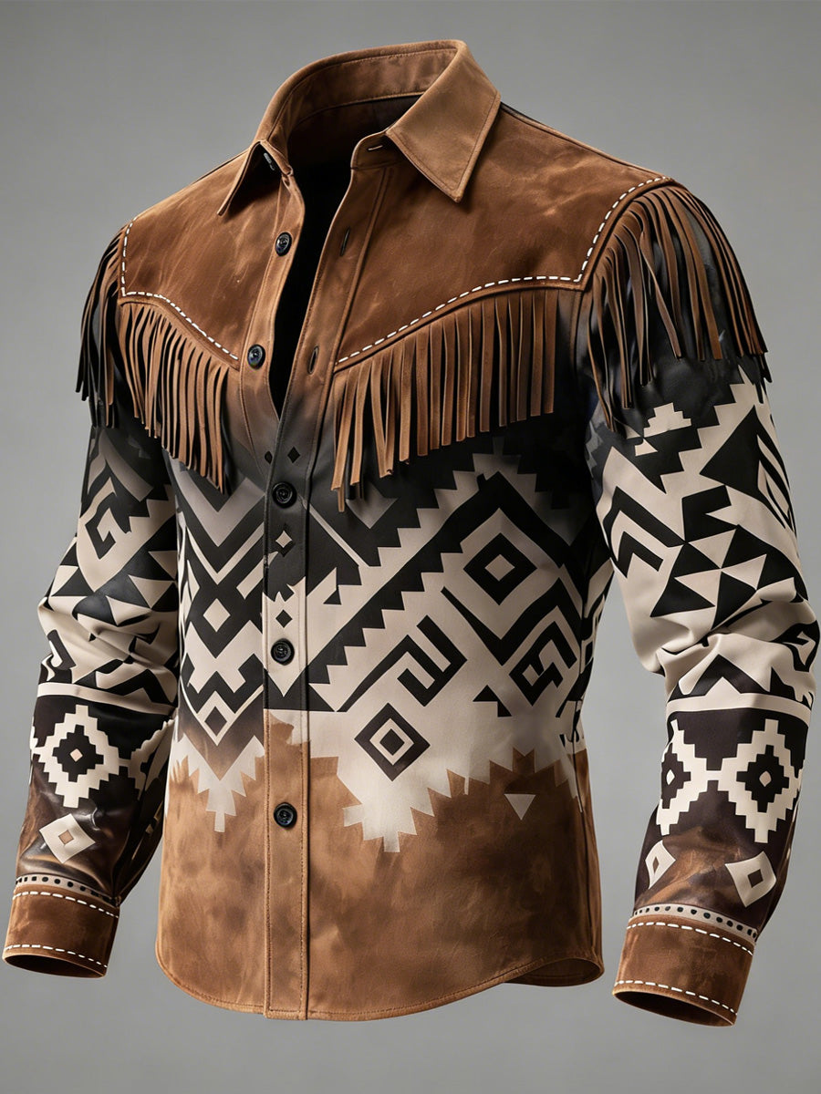 Men's Retro Leisurely Style Art Print Western Vintage Tassel Casual Long Sleeve Shirt